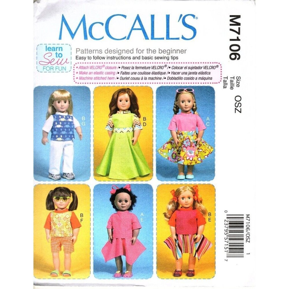 McCall's Learn to Sew M7106 18 inch Doll Clothing Uncut Sewing Pattern